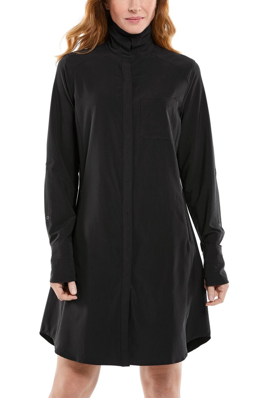 coolibar Women's Malta Travel Shirt Dress | Black Shadow Stripe