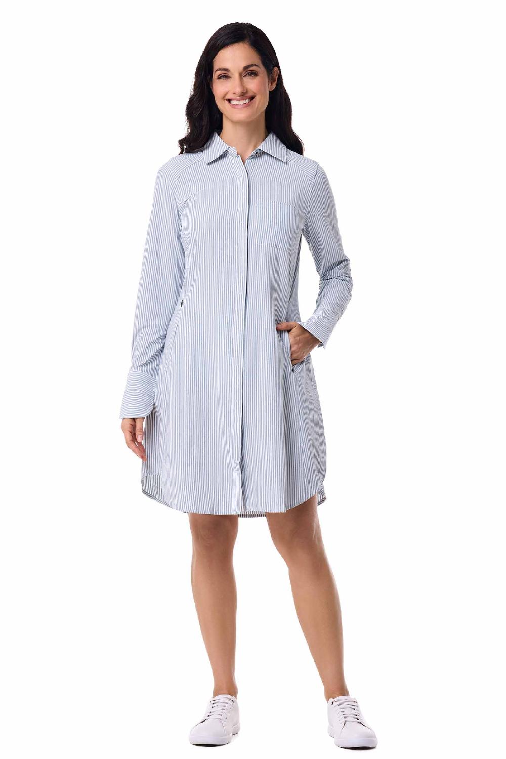 Coolibar Women's Malta Travel Shirt Dress | White/Navy Stripe