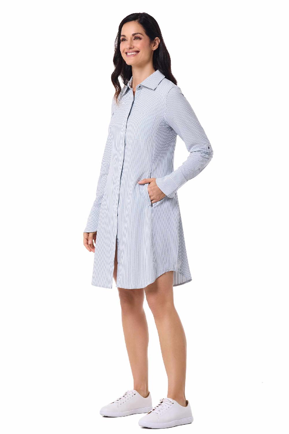 Coolibar Women's Malta Travel Shirt Dress | White/Navy Stripe