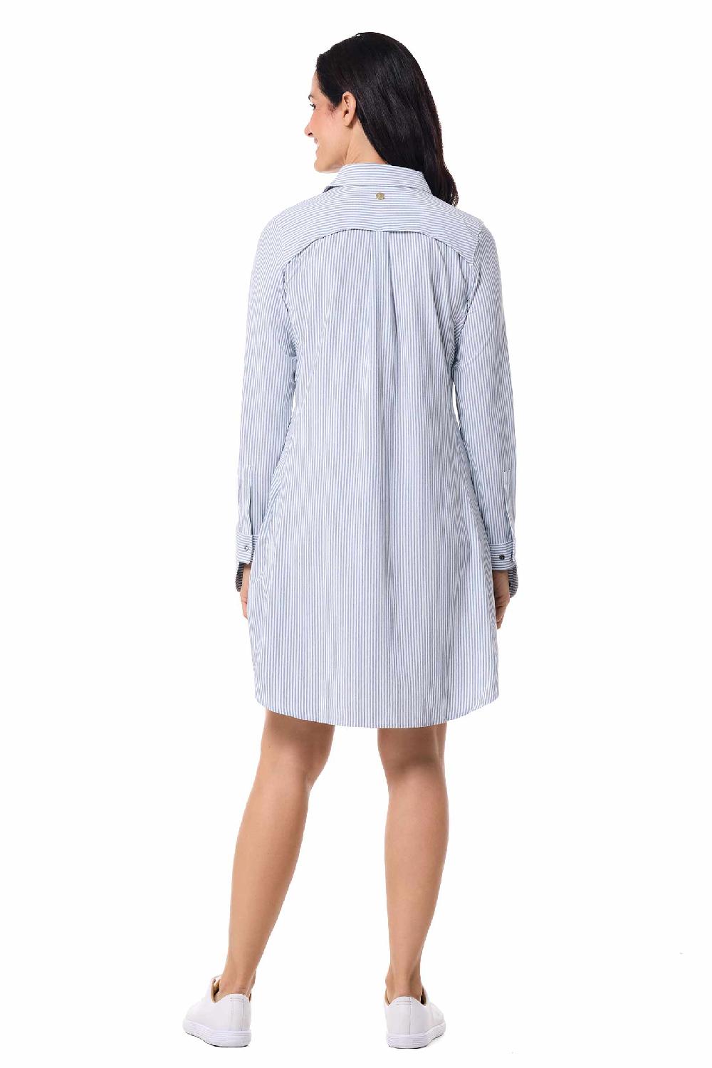 Coolibar Women's Malta Travel Shirt Dress | White/Navy Stripe