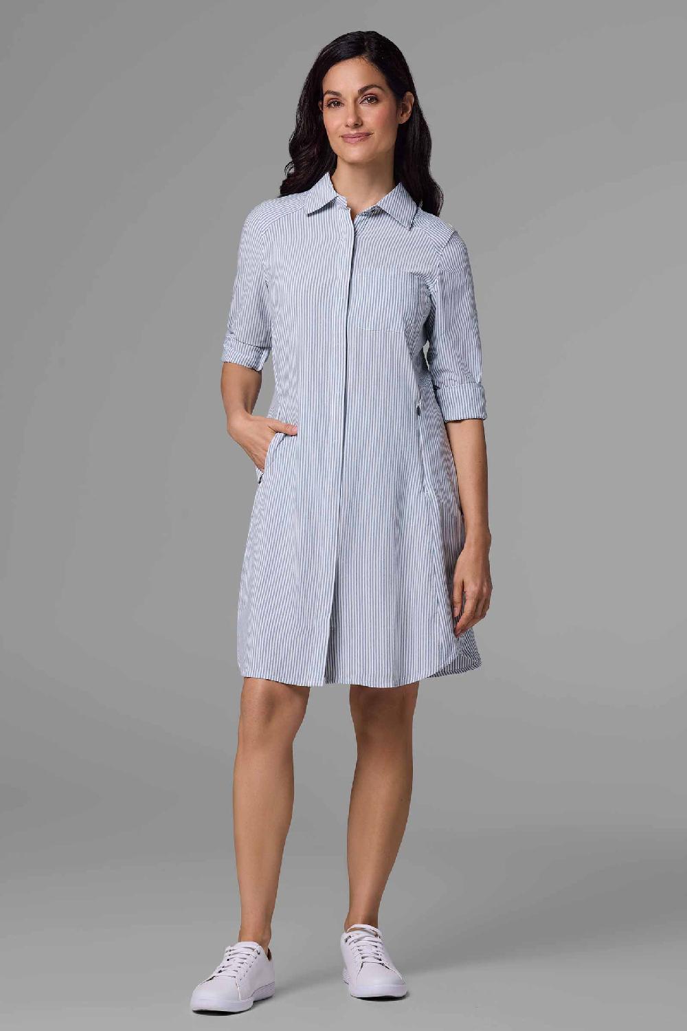 coolibar Women's Malta Travel Shirt Dress | White/Navy Stripe