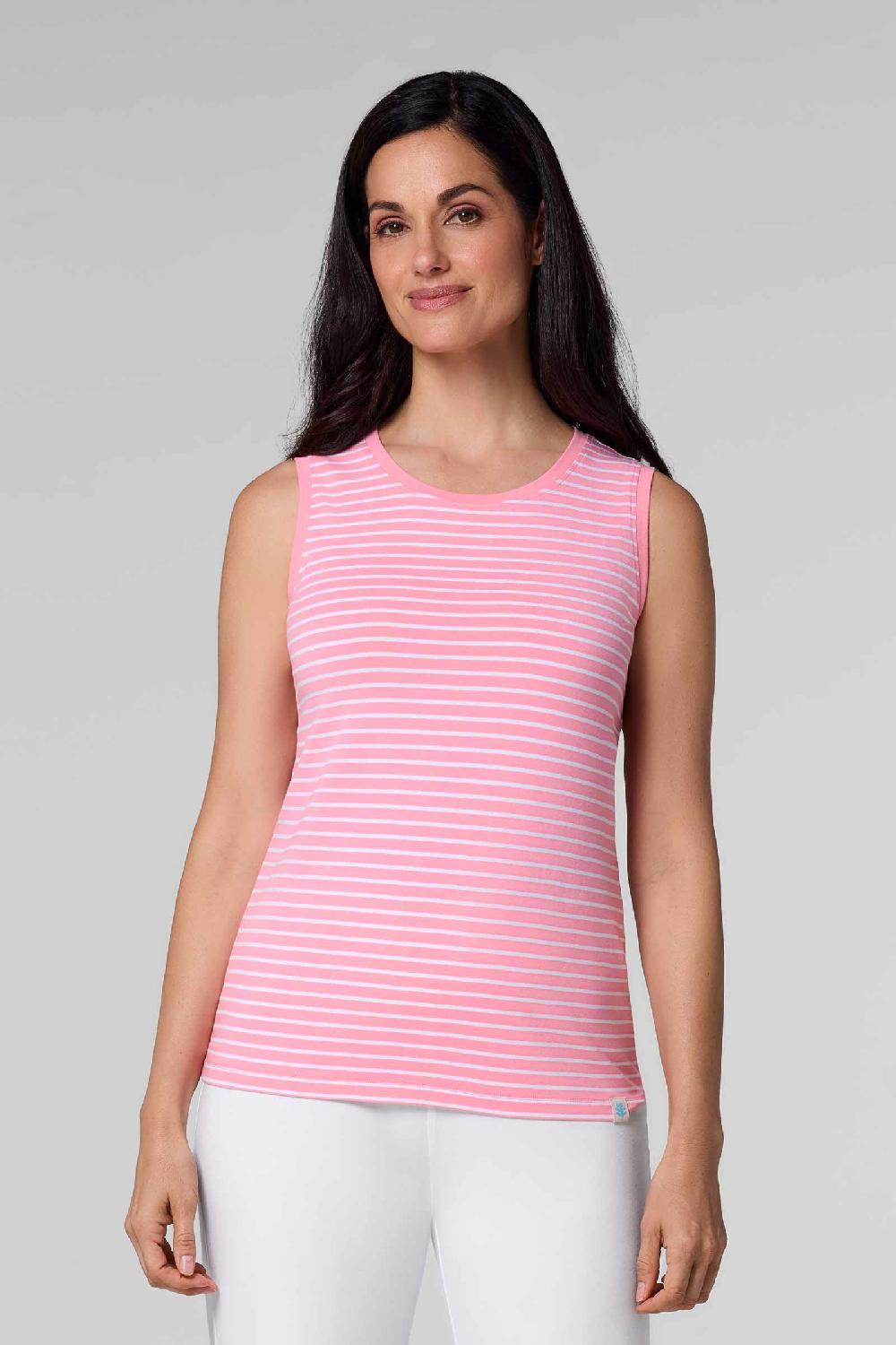 coolibar Women's Morada Everyday Basic Tank | Flamingo Pink/White Stripe