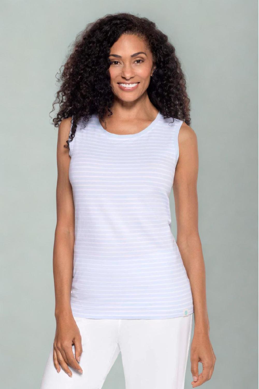 coolibar Women's Morada Everyday Basic Tank | Skyride/White Stripe