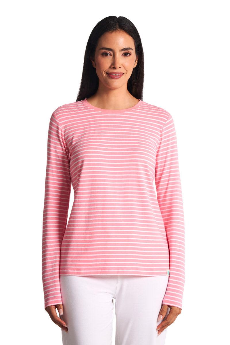 Coolibar Women's Morada Everyday Long Sleeve T-Shirt | Flamingo Pink/White Stripe