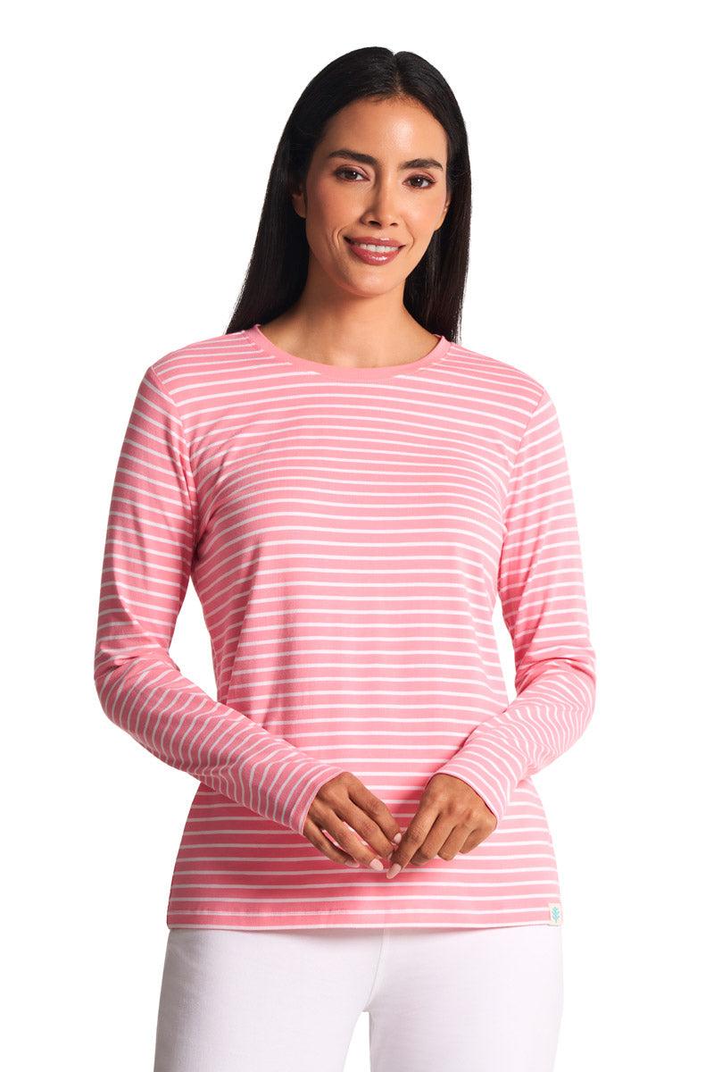 Coolibar Women's Morada Everyday Long Sleeve T-Shirt | Flamingo Pink/White Stripe