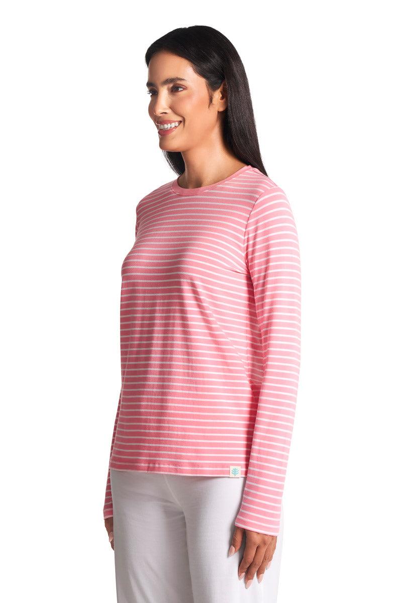 Coolibar Women's Morada Everyday Long Sleeve T-Shirt | Flamingo Pink/White Stripe
