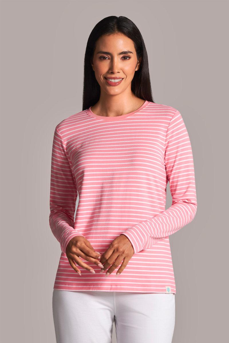 coolibar Women's Morada Everyday Long Sleeve T-Shirt | Flamingo Pink/White Stripe
