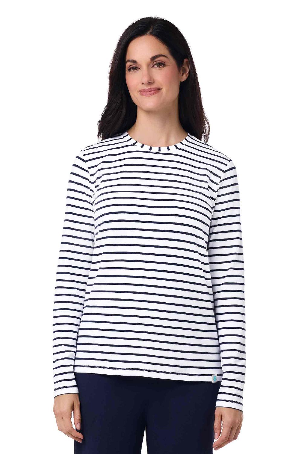 Coolibar Women's Morada Everyday Long Sleeve T-Shirt | White/Navy Stripe