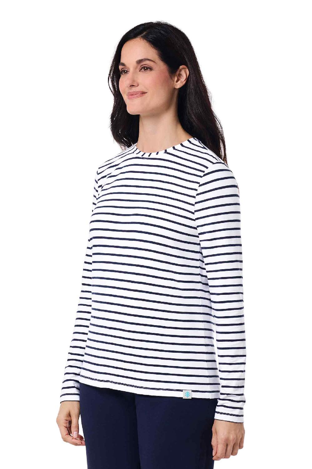 Coolibar Women's Morada Everyday Long Sleeve T-Shirt | White/Navy Stripe