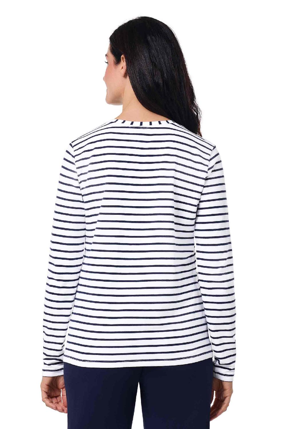 Coolibar Women's Morada Everyday Long Sleeve T-Shirt | White/Navy Stripe