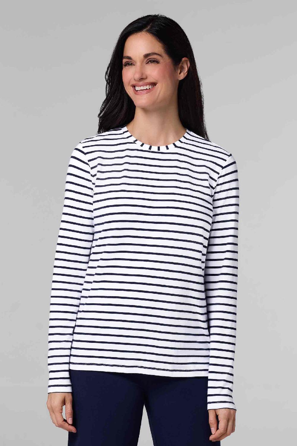 coolibar Women's Morada Everyday Long Sleeve T-Shirt | White/Navy Stripe