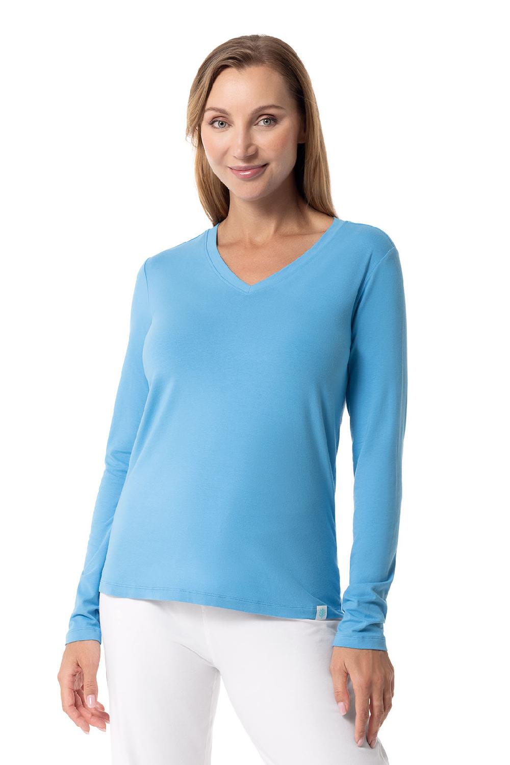 Coolibar Women's Morada Everyday Long Sleeve V-Neck T-Shirt | Malibu Blue