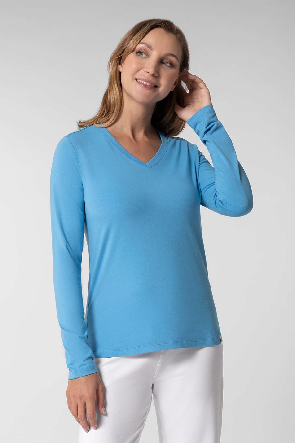 coolibar Women's Morada Everyday Long Sleeve V-Neck T-Shirt | Malibu Blue