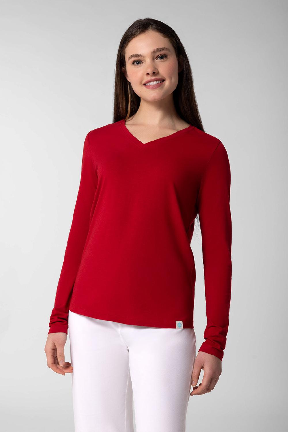 coolibar Women's Morada Everyday Long Sleeve V-Neck T-Shirt | Cherry
