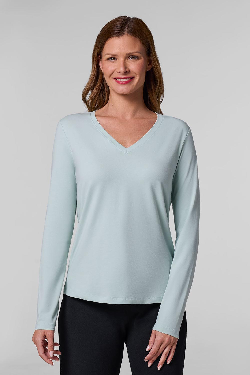 coolibar Women's Morada Everyday Long Sleeve V-Neck T-Shirt | Misty Aqua