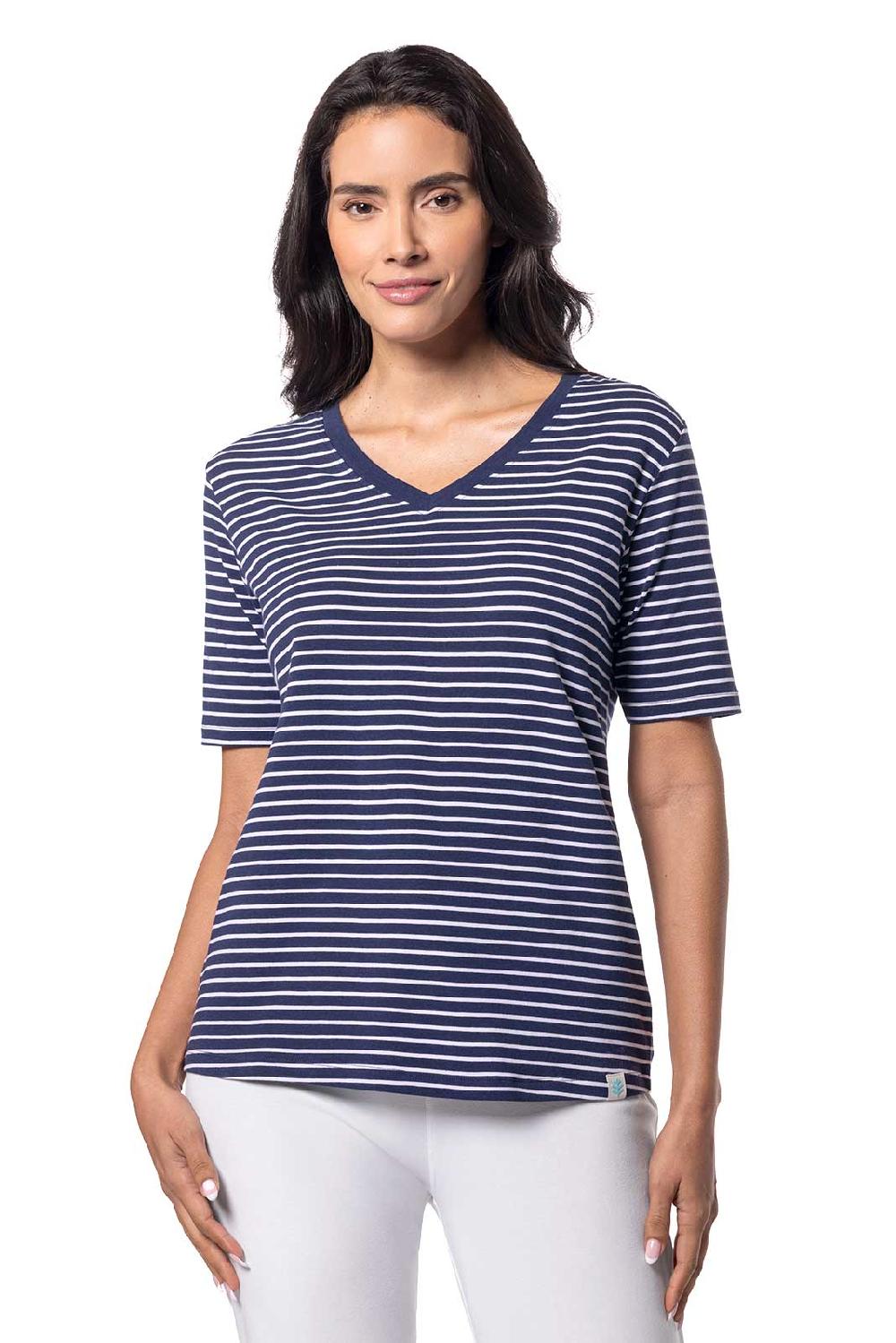 Coolibar Women's Morada Everyday Short Sleeve V-Neck T-Shirt | Navy/White Stripe