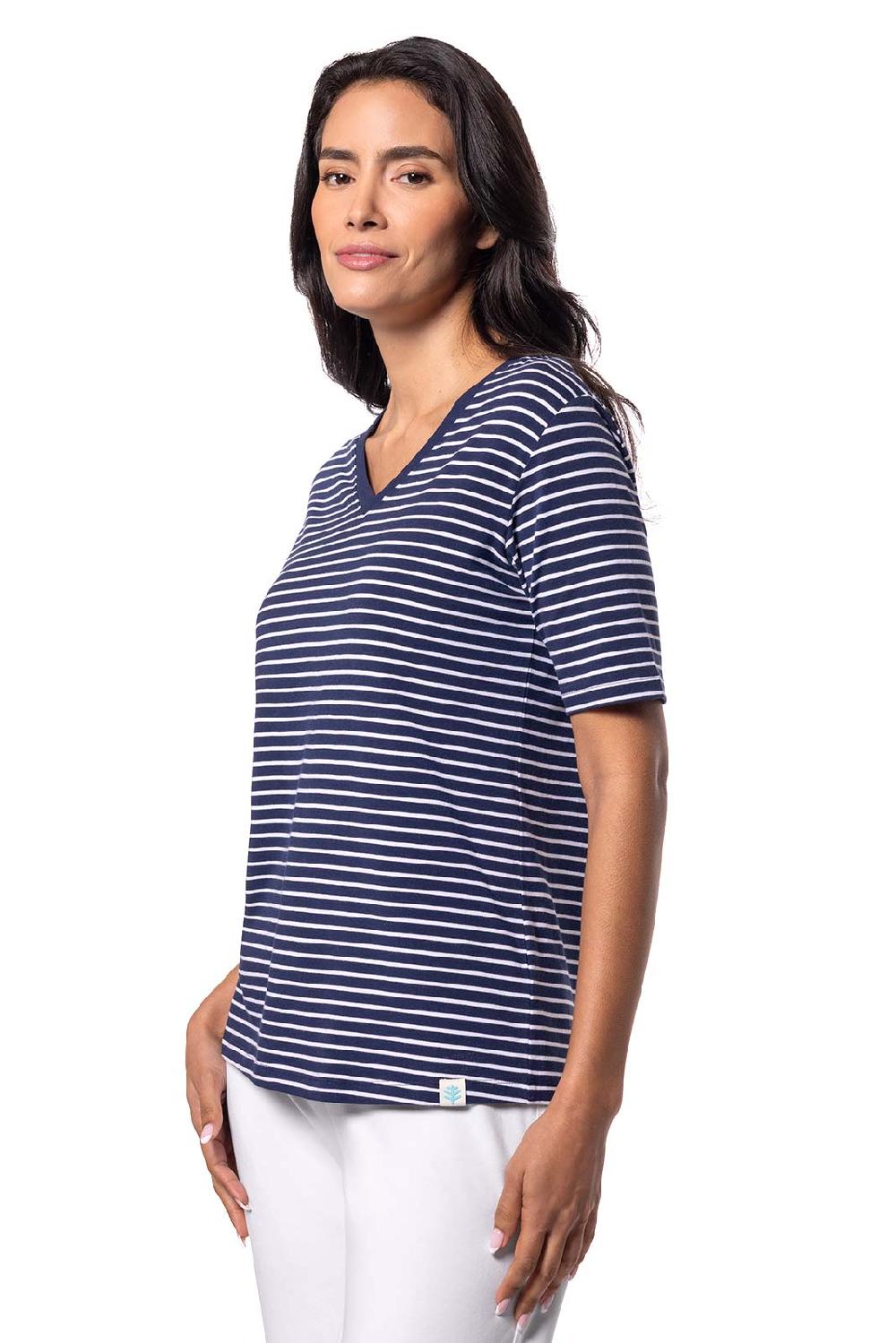Coolibar Women's Morada Everyday Short Sleeve V-Neck T-Shirt | Navy/White Stripe