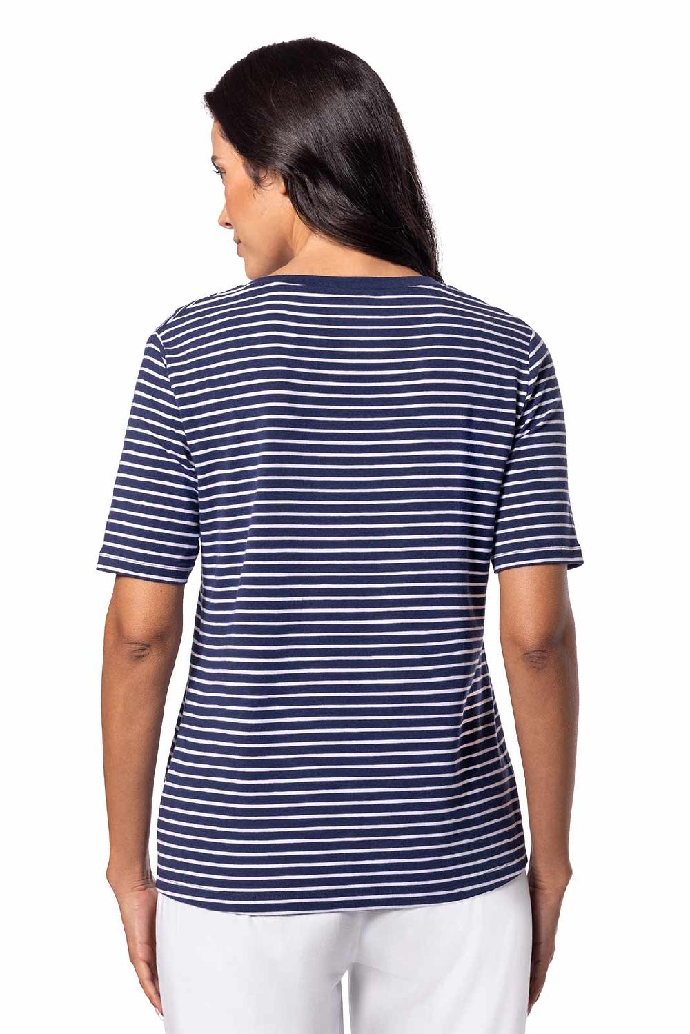 Coolibar Women's Morada Everyday Short Sleeve V-Neck T-Shirt | Navy/White Stripe