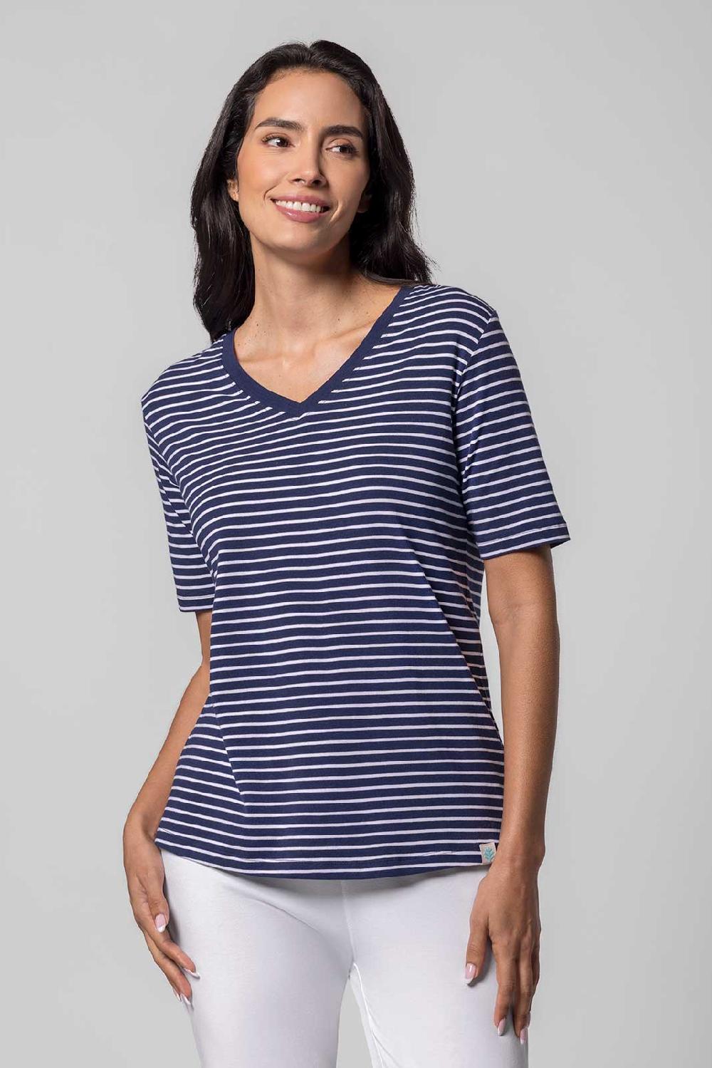 coolibar Women's Morada Everyday Short Sleeve V-Neck T-Shirt | Navy/White Stripe