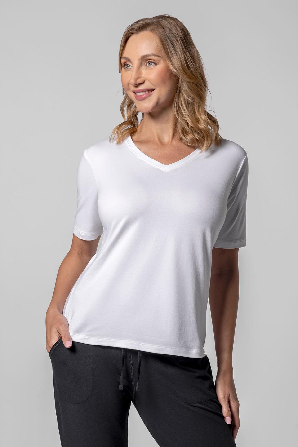 coolibar Women's Morada Everyday Short Sleeve V-Neck T-Shirt | White