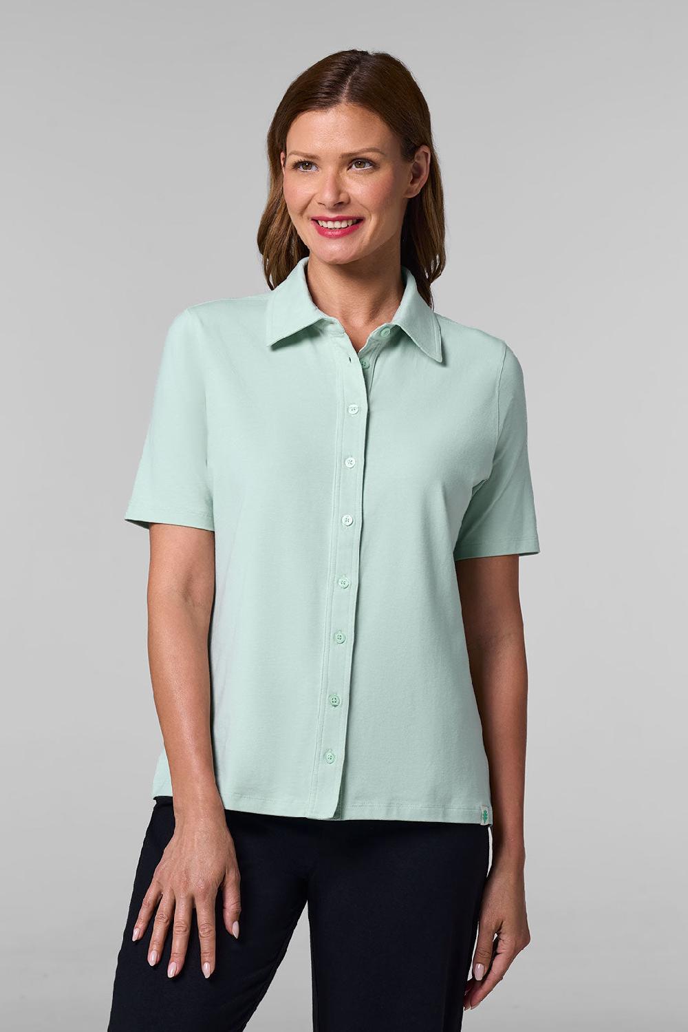 coolibar Women's Morningside Button Down Short Sleeve | Misty Aqua