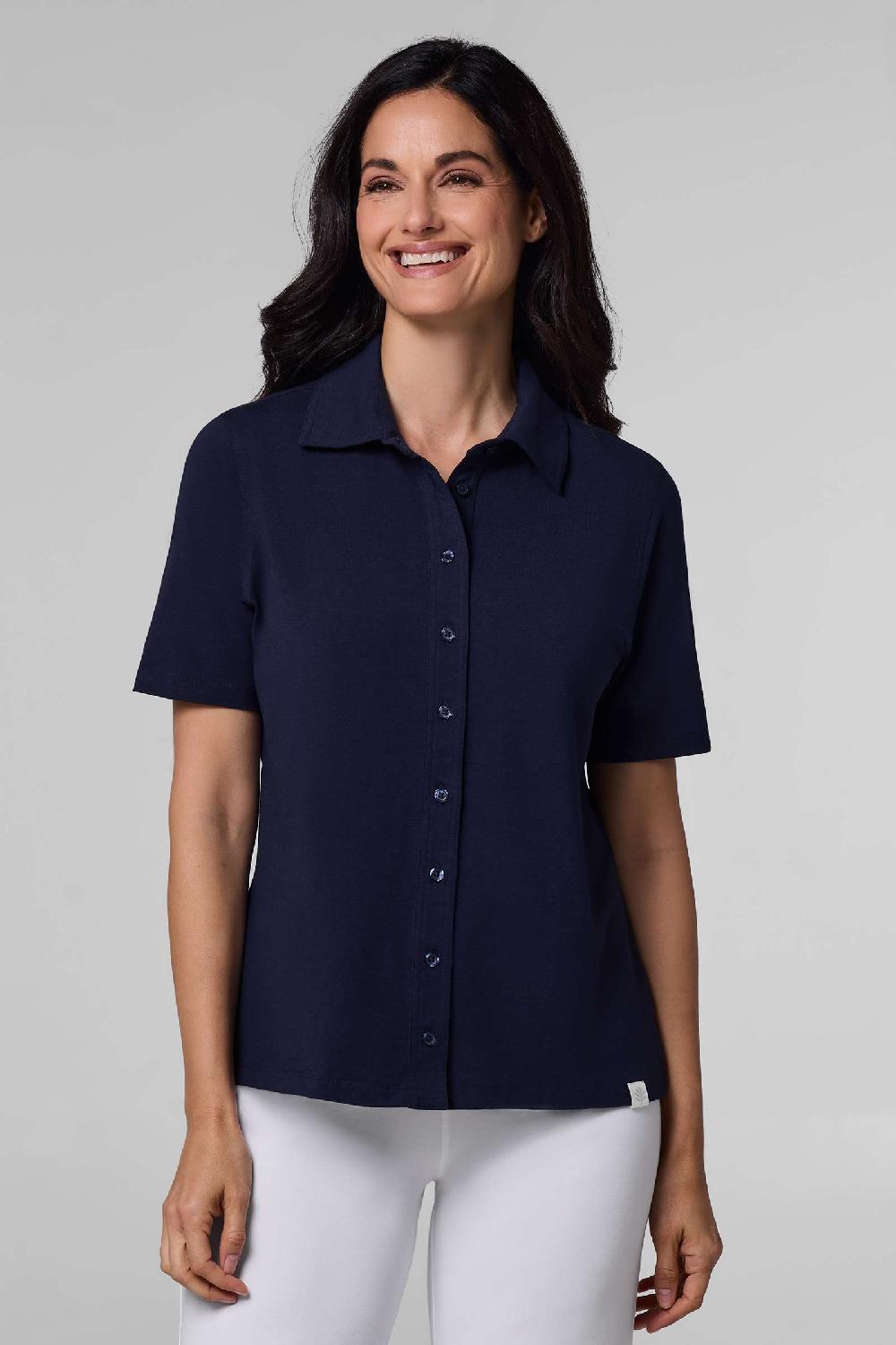 coolibar Women's Morningside Button Down Short Sleeve | Navy