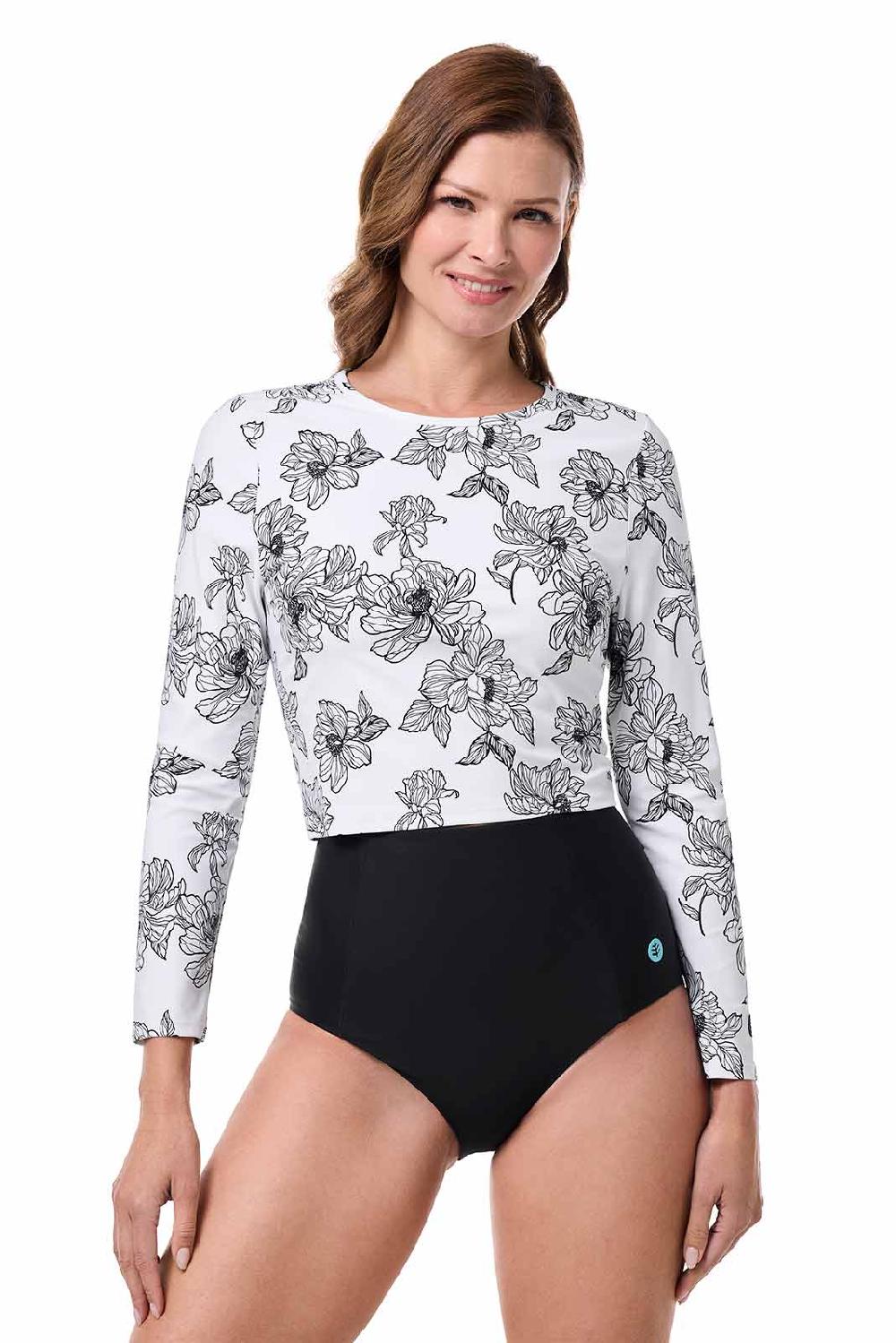 Coolibar Women's Ocean Drive Cropped Rash Guard | White/Black Perfect Peony