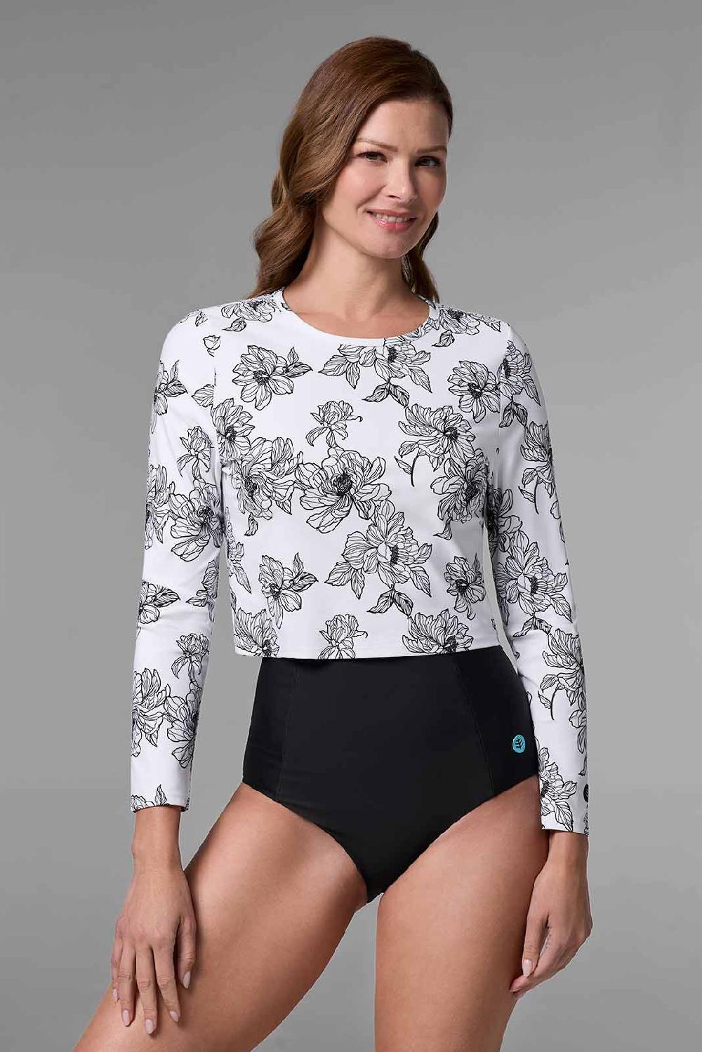 coolibar Women's Ocean Drive Cropped Rash Guard | White/Black Perfect Peony