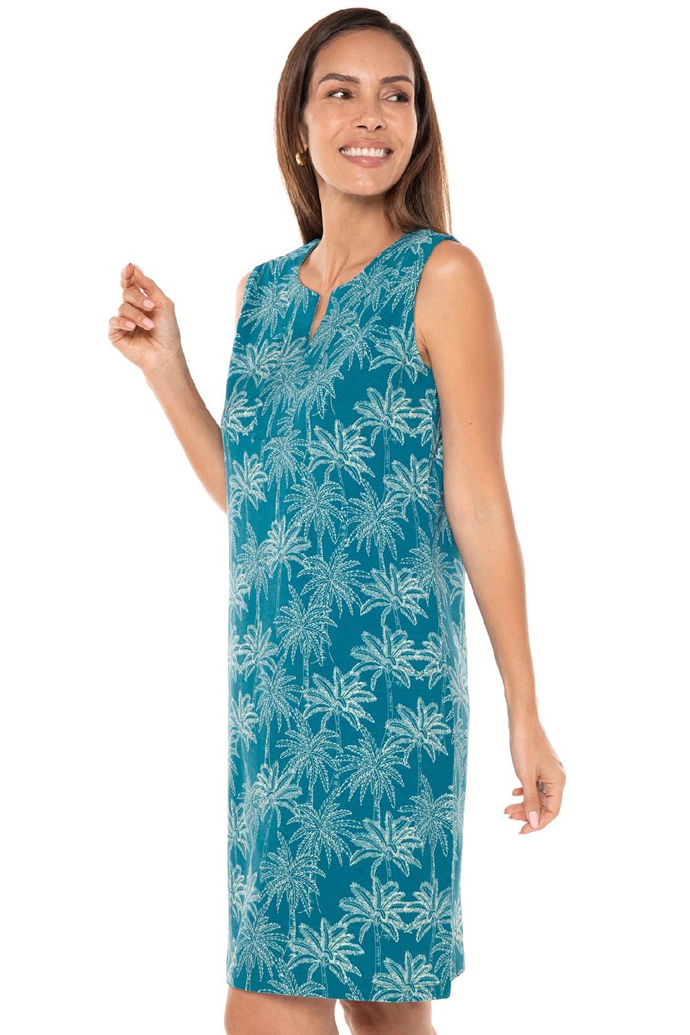 Coolibar Women's Oceanside Tank Dress | Tahitian Teal Swaying Palms
