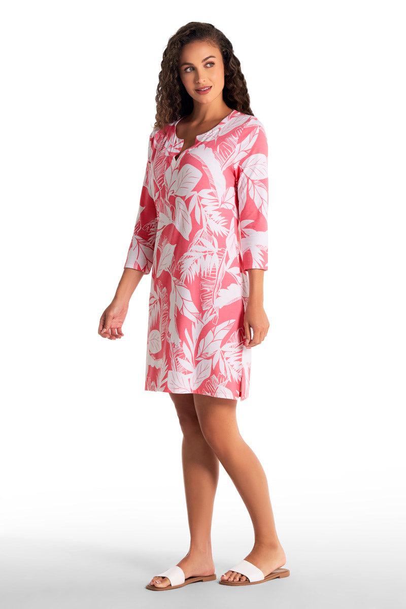 Coolibar Women's Oceanside Tunic Dress | Flamingo Pink Palm Paradise
