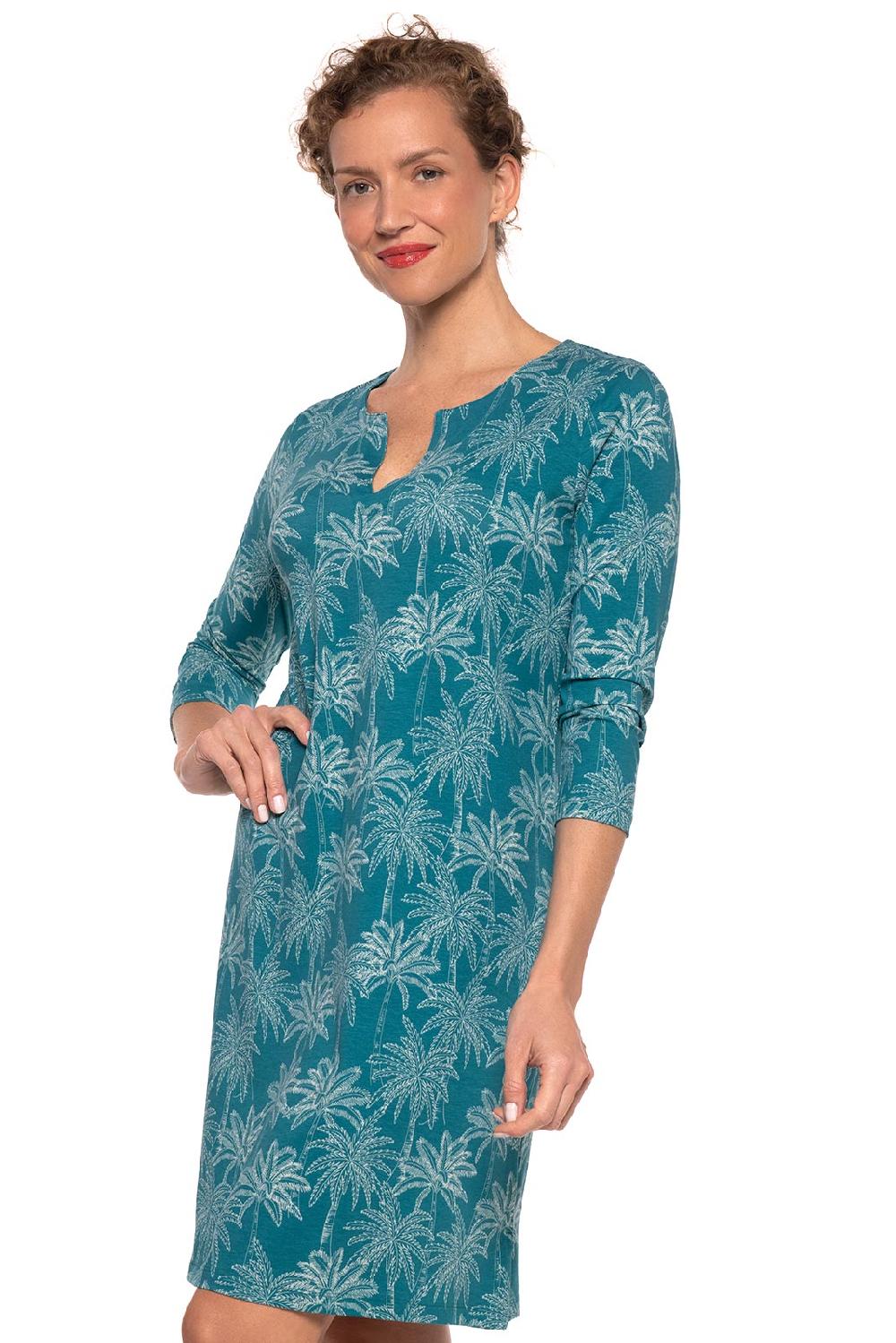 Coolibar Women's Oceanside Tunic Dress | Tahitian Teal Swaying Palms
