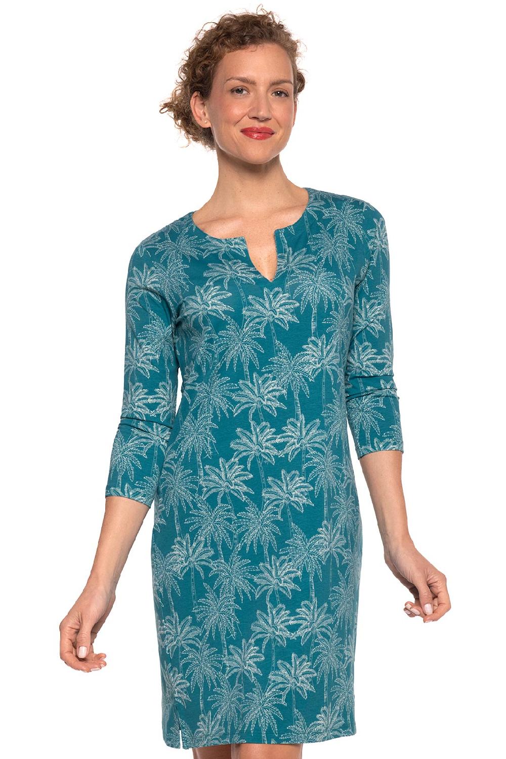 coolibar Women's Oceanside Tunic Dress | Tahitian Teal Swaying Palms