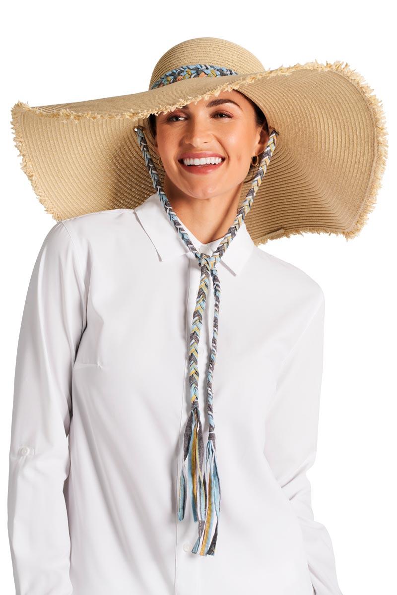 Coolibar Women's Palm Coast Large Brim Floppy Sun Hat W Braided Chi | Natural