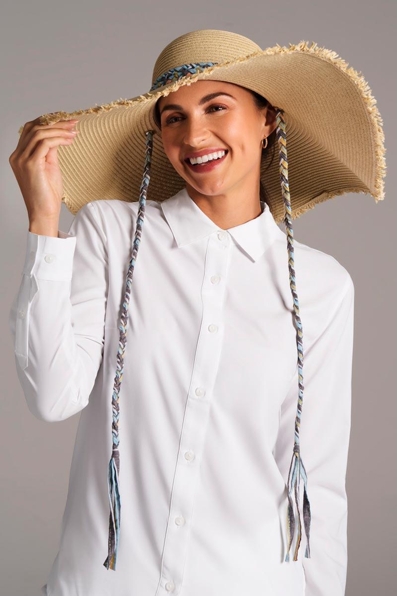 coolibar Women's Palm Coast Large Brim Floppy Sun hat w Braided Chi | Natural