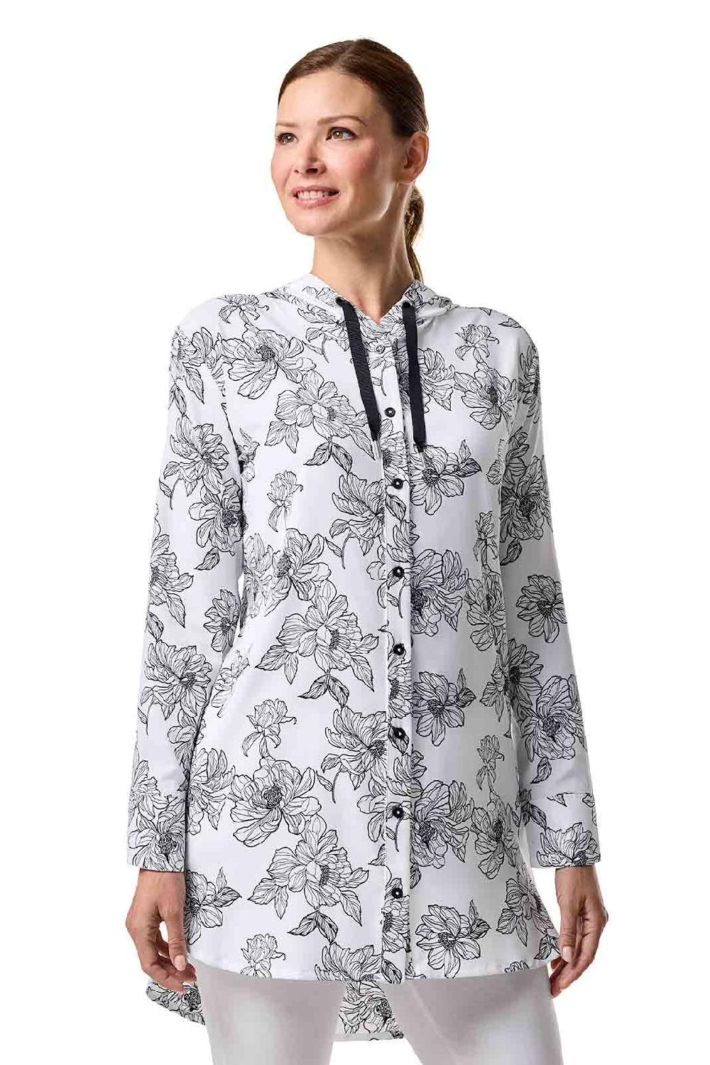 Coolibar Women's Palma Aire Beach Shirt | White/Black Perfect Peony