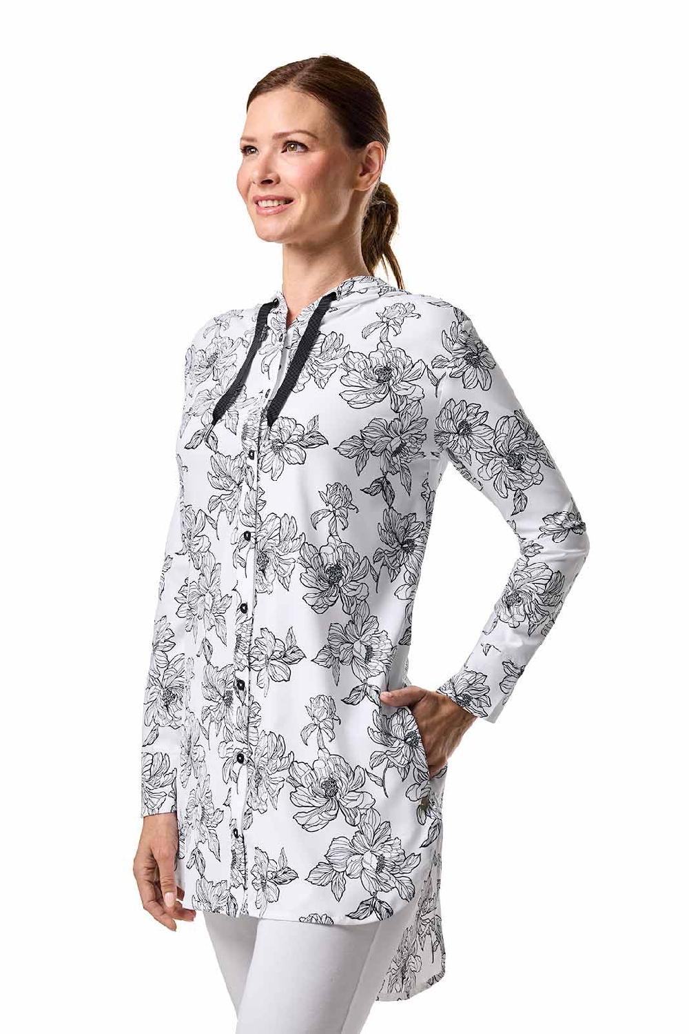 Coolibar Women's Palma Aire Beach Shirt | White/Black Perfect Peony