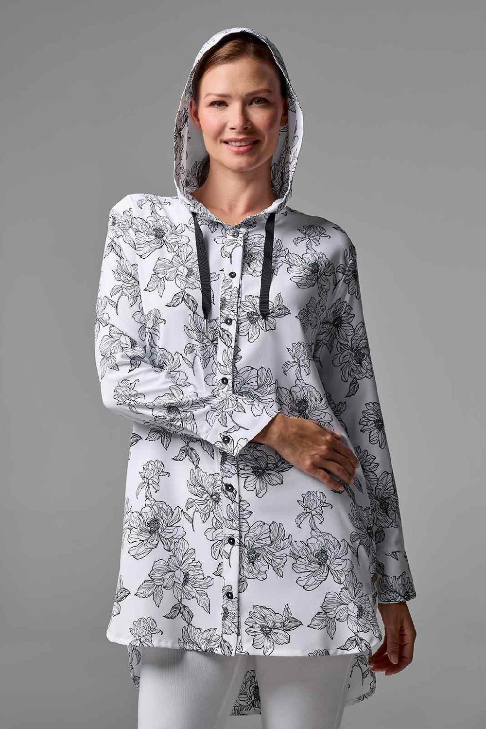 coolibar Women's Palma Aire Beach Shirt | White/Black Perfect Peony