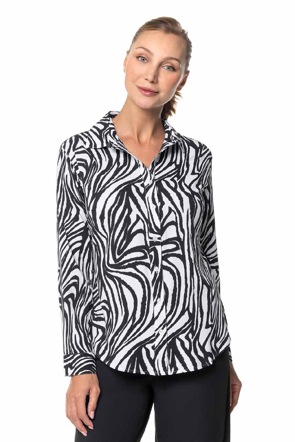 Coolibar Women's Rhodes Shirt | Black/White Running Zebra