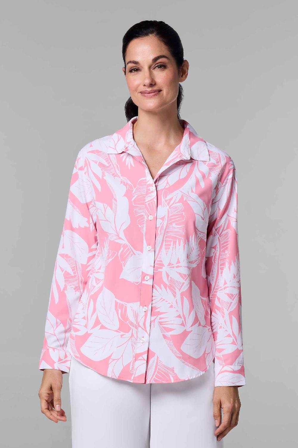 Coolibar Women's Rhodes Shirt | Flamingo Pink Palm Paradise