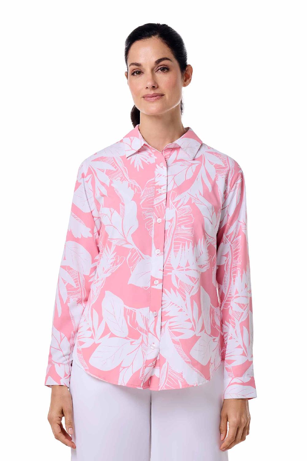 Coolibar Women's Rhodes Shirt | Flamingo Pink Palm Paradise