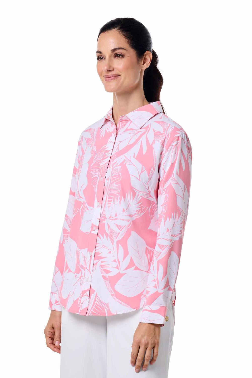 Coolibar Women's Rhodes Shirt | Flamingo Pink Palm Paradise