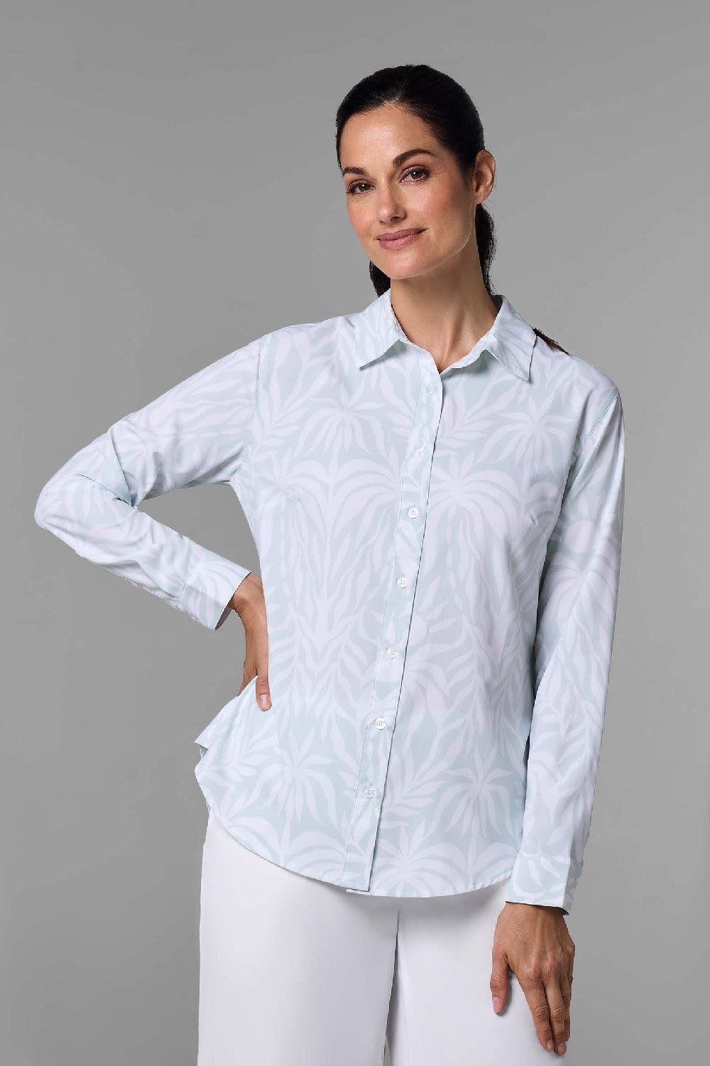 Coolibar Women's Rhodes Shirt | Misty Aqua American Palm