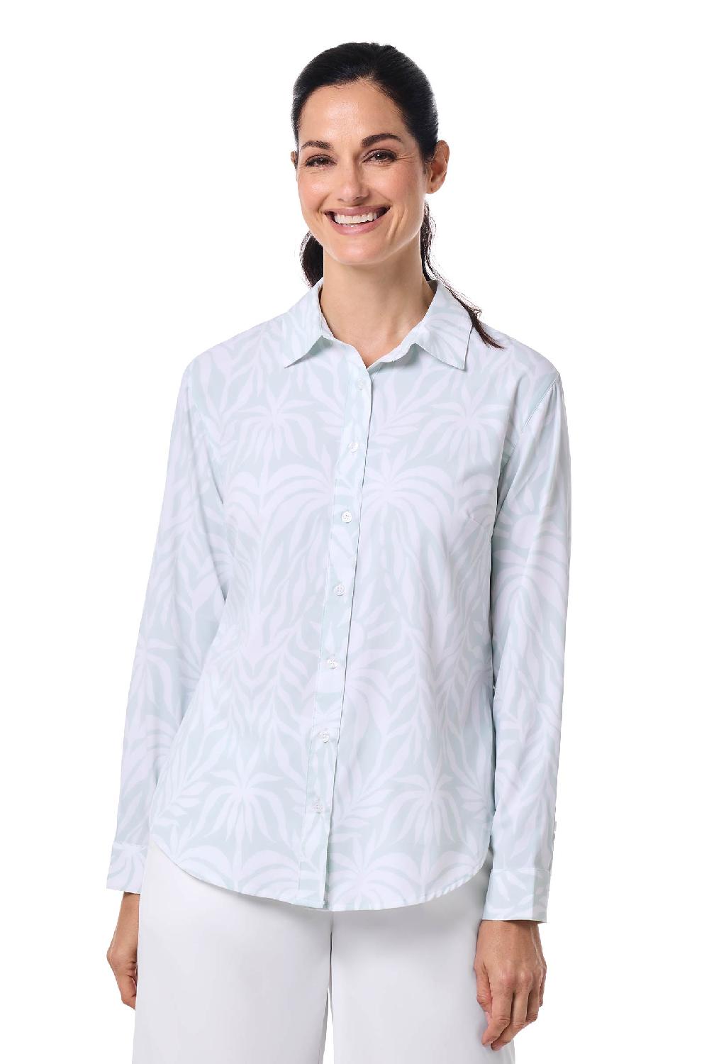 Coolibar Women's Rhodes Shirt | Misty Aqua American Palm