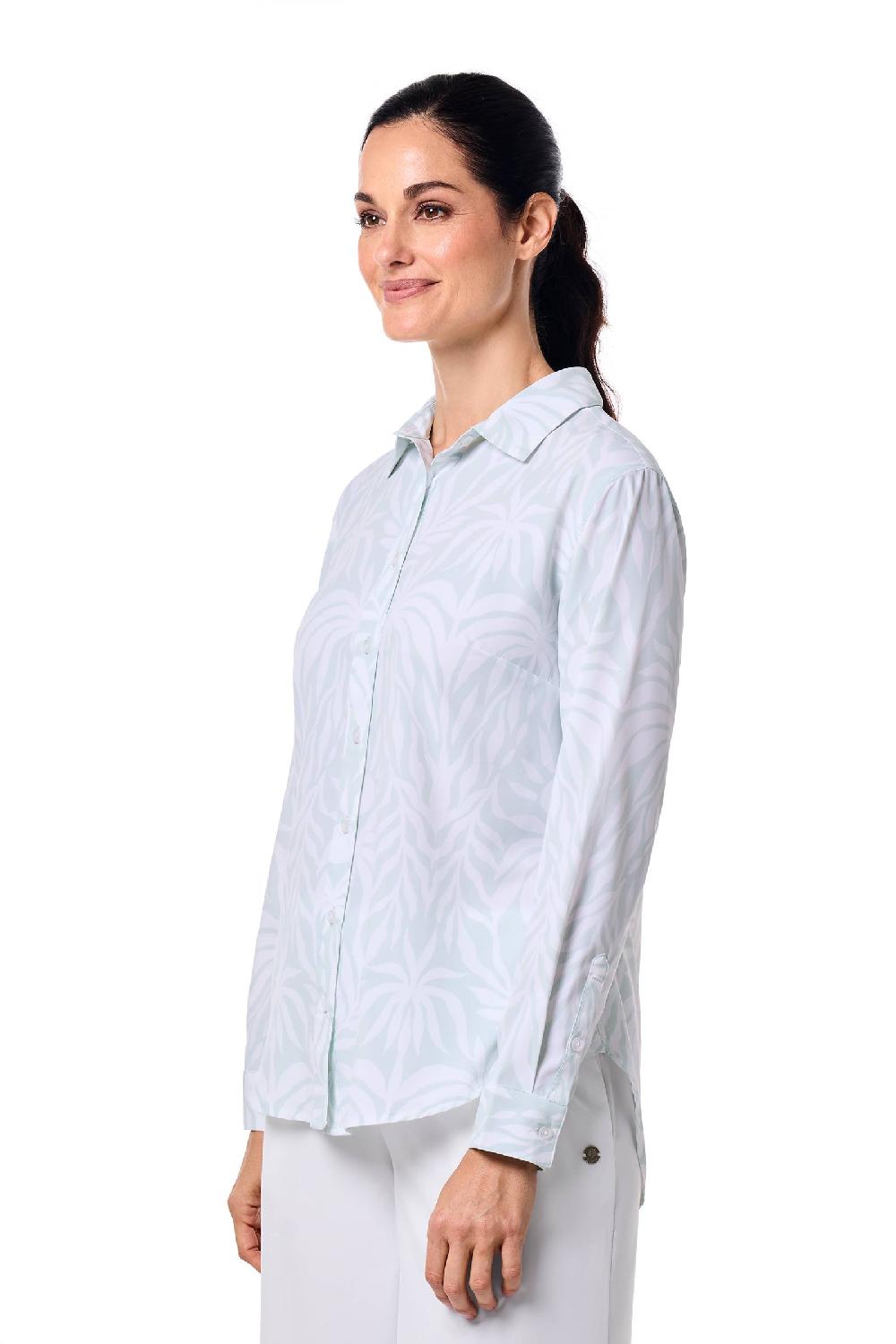 Coolibar Women's Rhodes Shirt | Misty Aqua American Palm