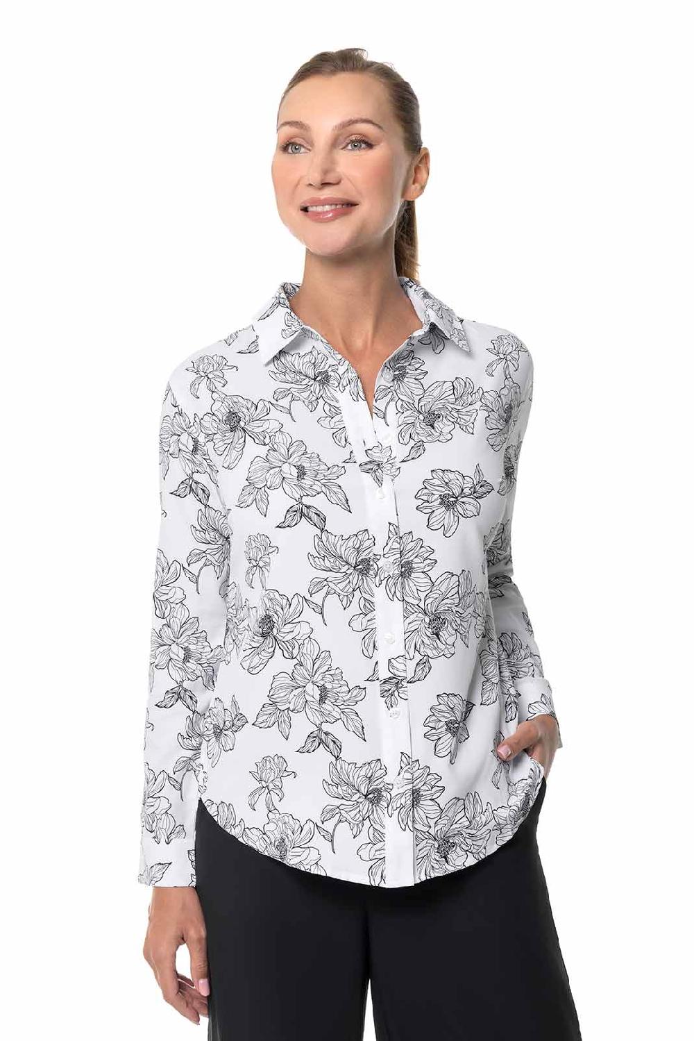 Coolibar Women's Rhodes Shirt | White/Black Perfect Peony