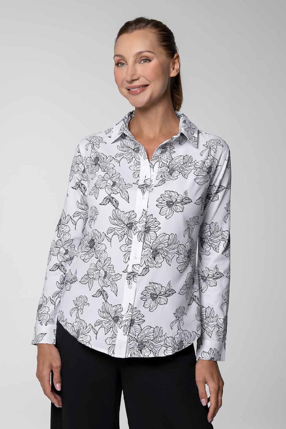 coolibar Women's Rhodes Shirt | White/Black Perfect Peony