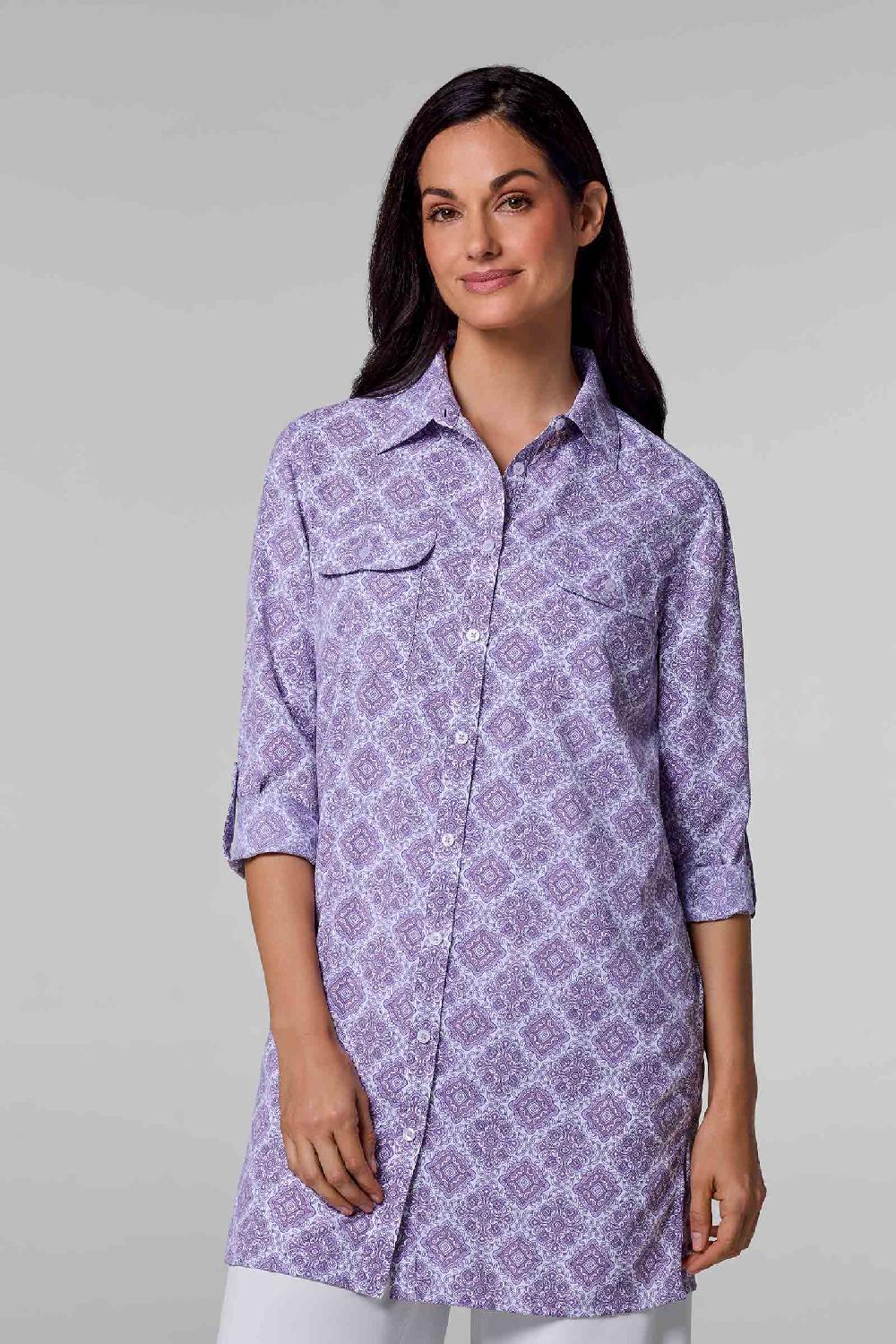 coolibar Women's Santorini Tunic Shirt | Lavendula Diamond Mandala
