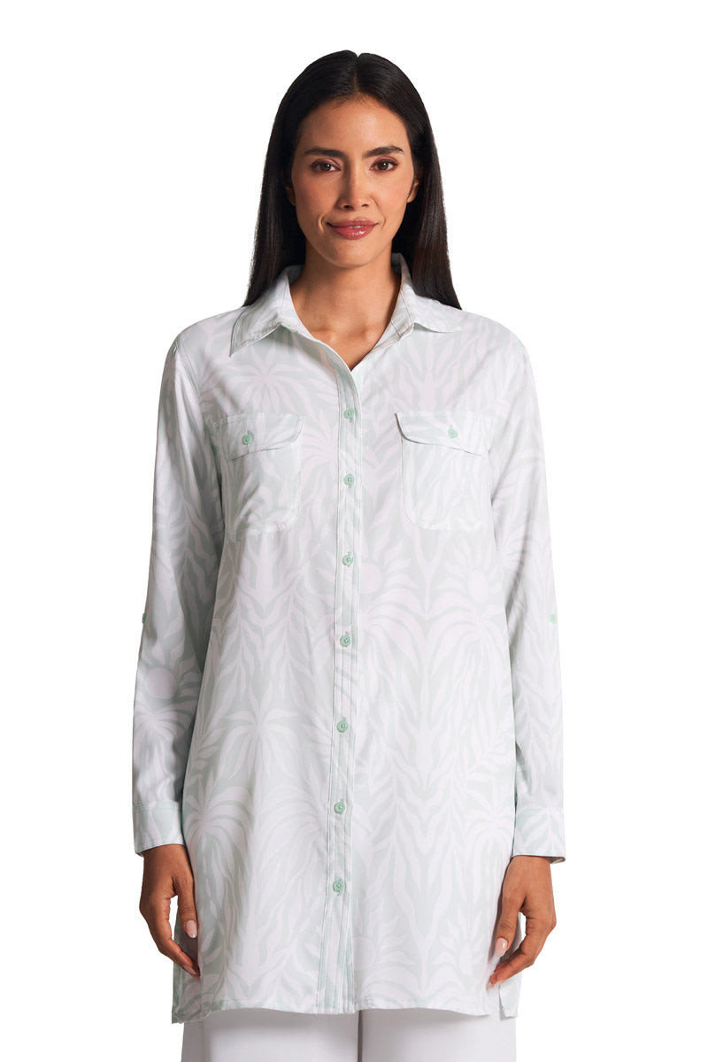 Coolibar Women's Santorini Tunic Shirt | Misty Aqua American Palm
