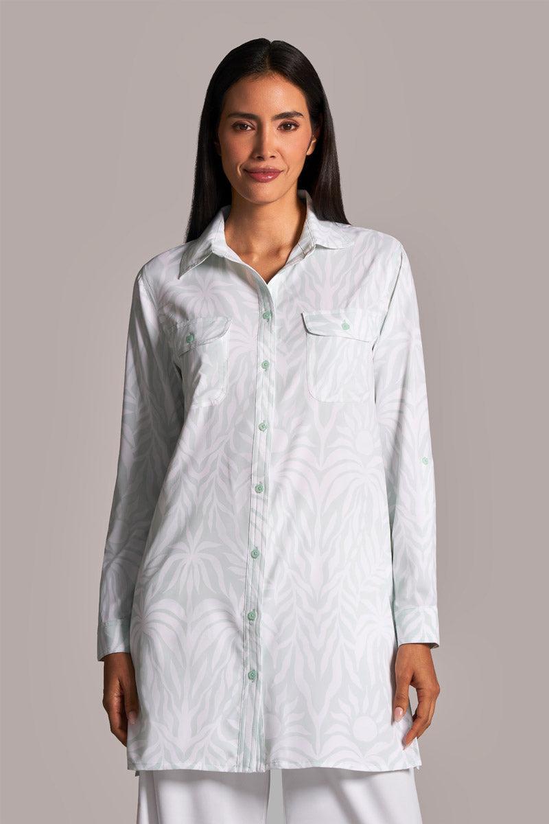coolibar Women's Santorini Tunic Shirt | Misty Aqua American Palm