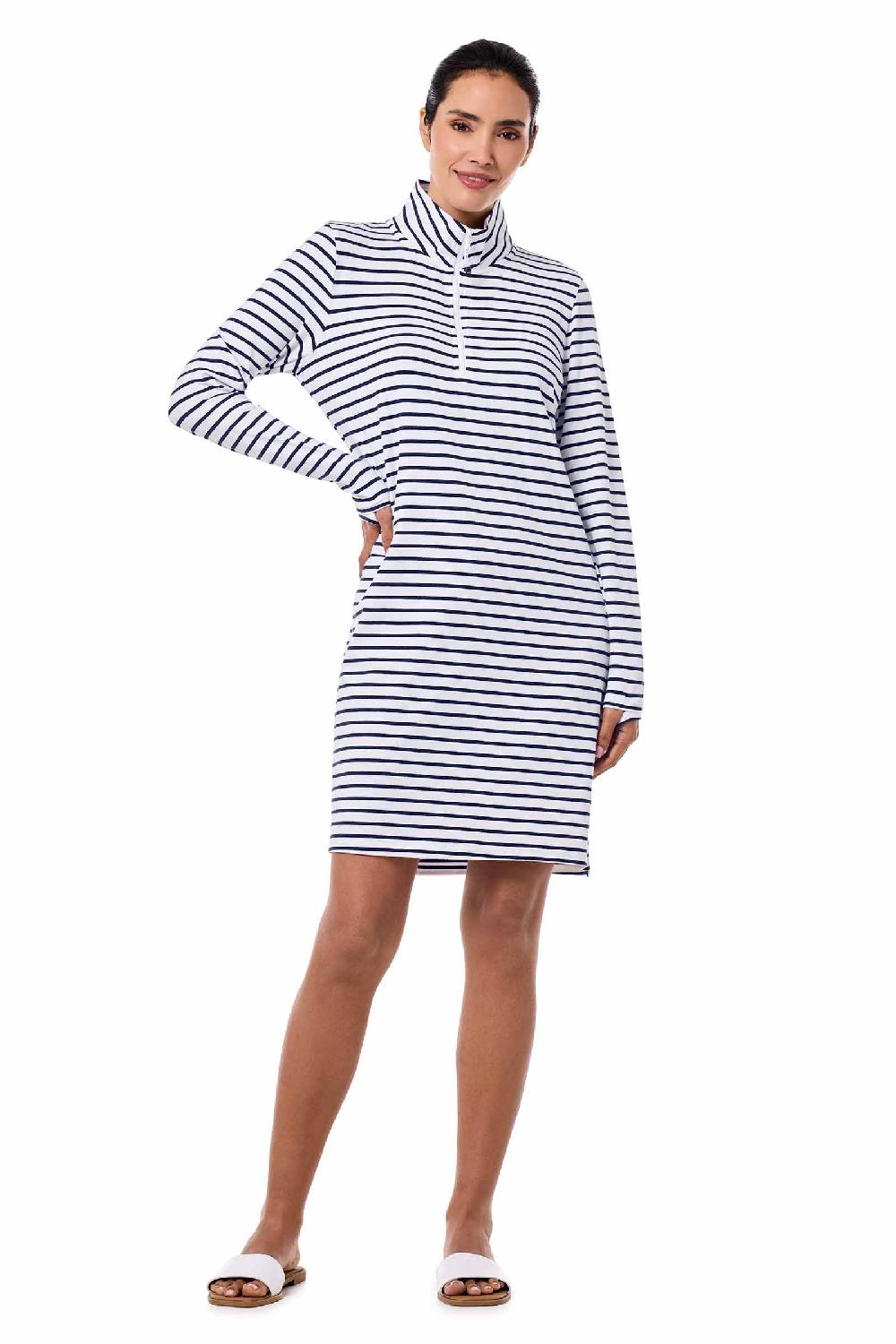 Coolibar Women's Sarasota Quarter-Zip Dress | White/Navy Stripe